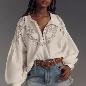 NWT Maeve Balloon-Sleeve Collared Yoke Top